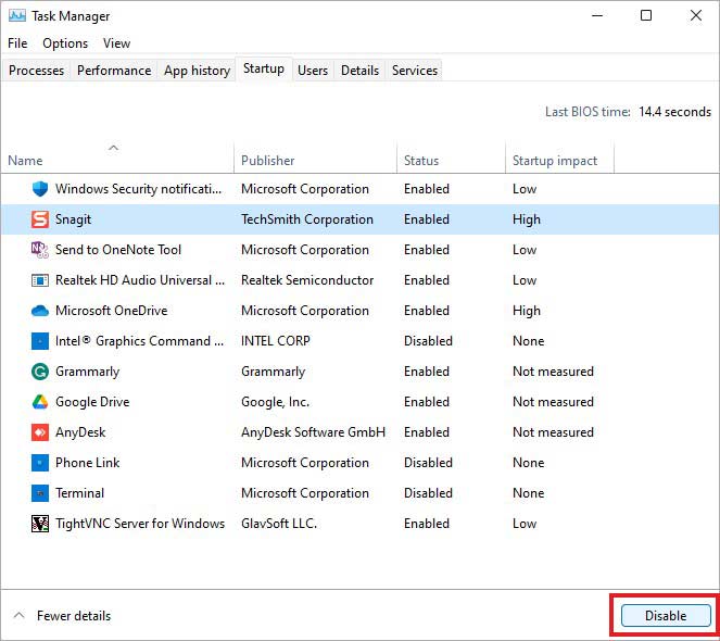 disable unnecessary services in task manager