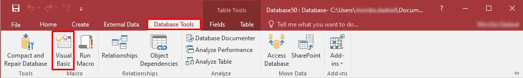 Click Database Tools and then select Visual Basic