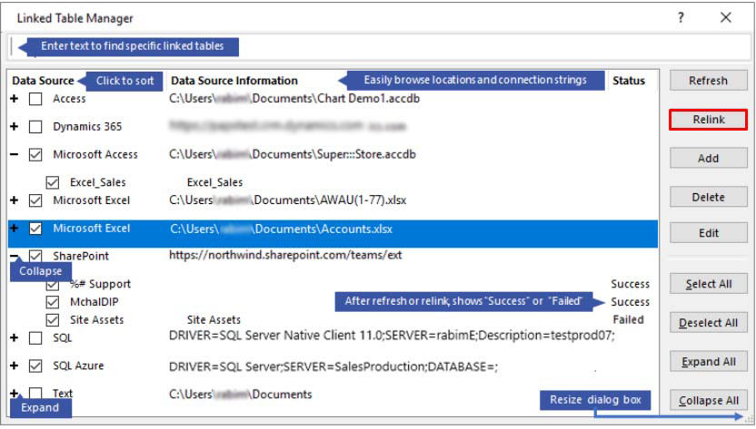 Click relink option in Linked Table Manager