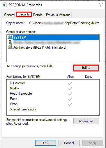 Clicking security option in properties window