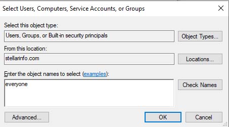 Typing everyone under select users, computer, service accounts or groups option