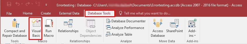 clicking Database Tools option and then clicking Visual Basic