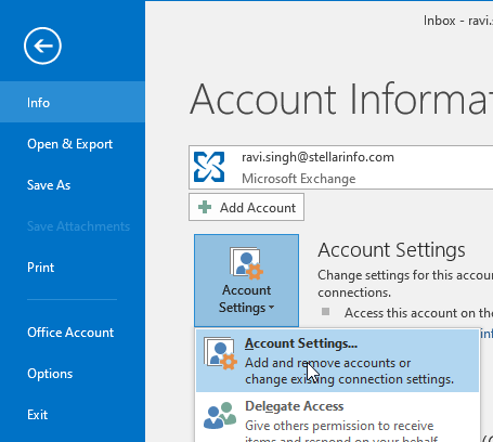 aprire le impostazioni dell'account outlook