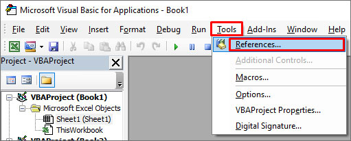 Klicken Sie unter der Option Tools auf Referenzen