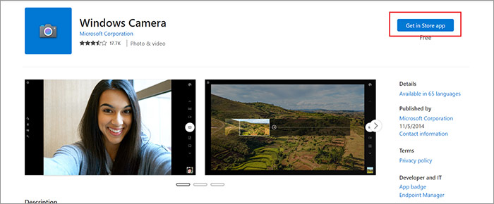 install the Windows Camera app from Microsoft Store