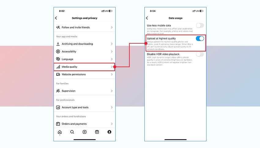 adjust Instagram data setting in iPhone