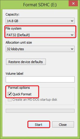 choose format option and click start