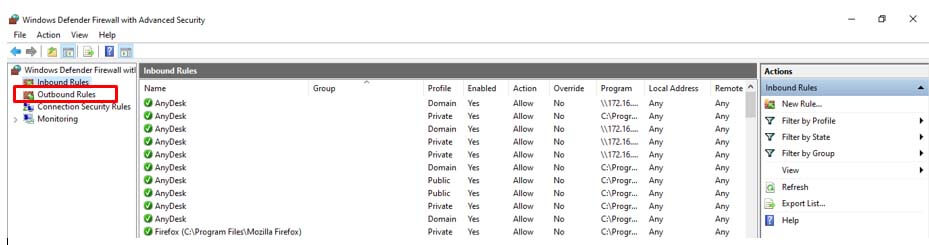 Clicking Outbound rules in Firewall window