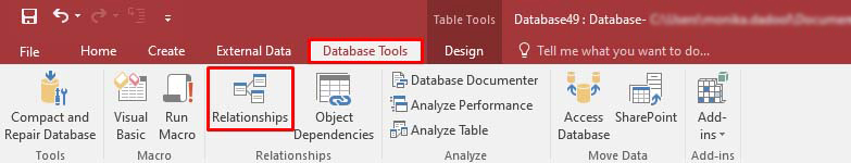 Outils de base de données, cliquez sur Relations