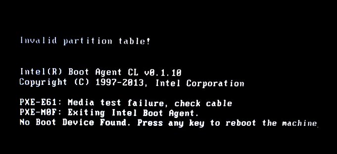 invalid partition table error on windows pc
