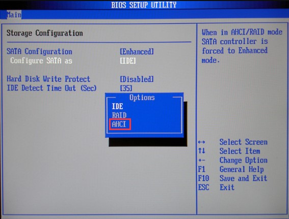 choose ahci mode in bios