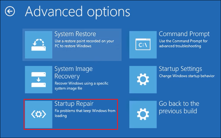 click on startup repair to fix the invalid partition table error on windows computer