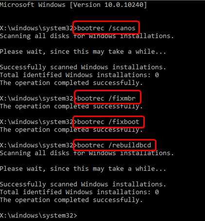 execute bootrec commands in command prompt to fix the invalid partition table error on windows computer