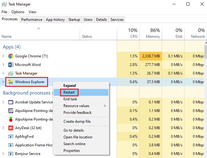 restart windows explorer to fix the NTDLL.dll crashing issue on windows