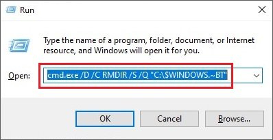 run the command in run to delete the windows bt folder