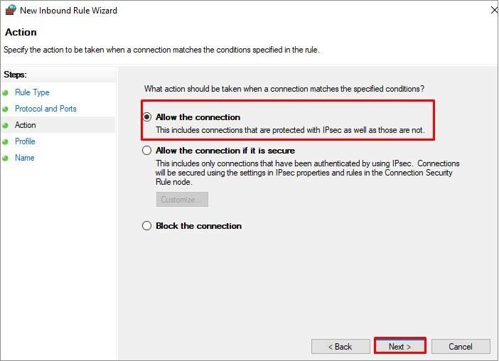 Selecting "Allow the connection" option