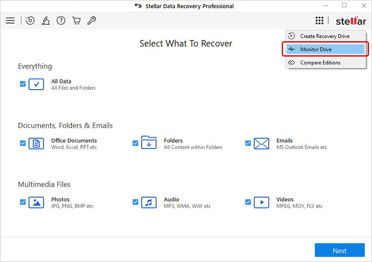 open drive monitor in stellar data recovery professional