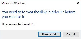 error message prompting to reformat the external drive