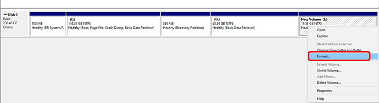 format the external storage drive via disk management