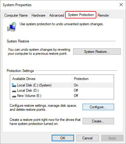 configure system protection settings