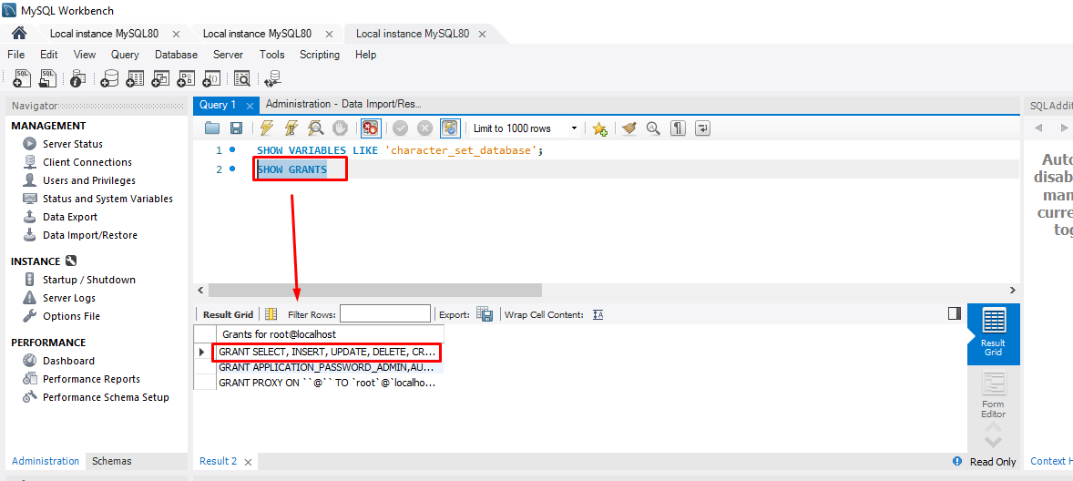 Running SHOW and GRANT command in MySQL