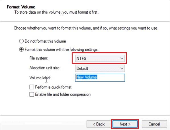sélectionnez le format de système de fichiers NTFS