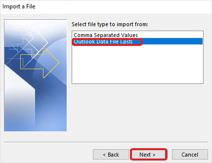 Choose the Outlook Data File (.pst)