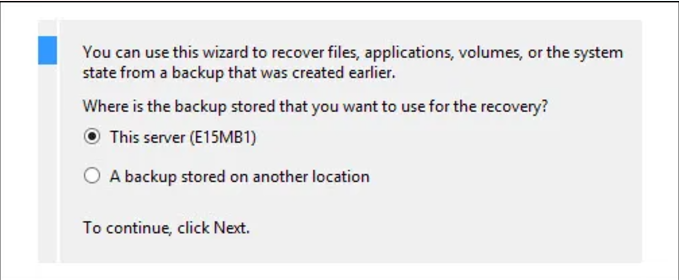If it is on another server or storage location, choose &lsquo;A backup stored on another location&rsquo; and click Next.