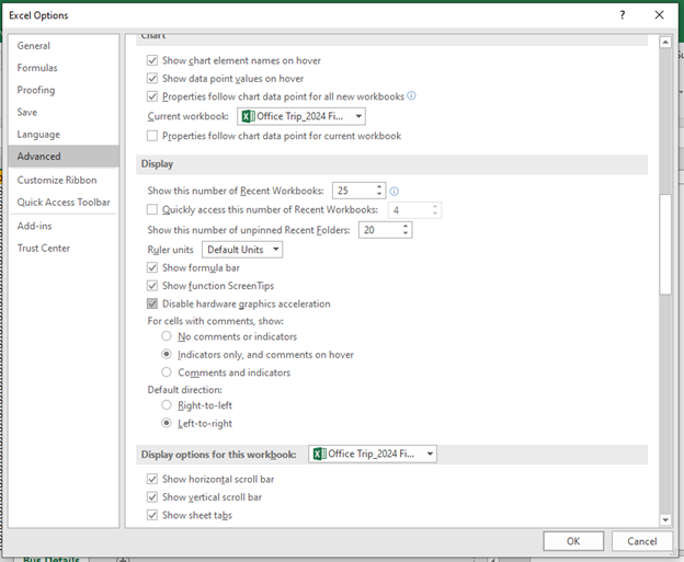 Disable hardware graphics acceleration option in the Display