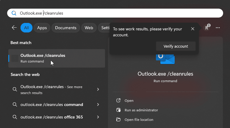 Outlook.exe /cleanrules command-line switch