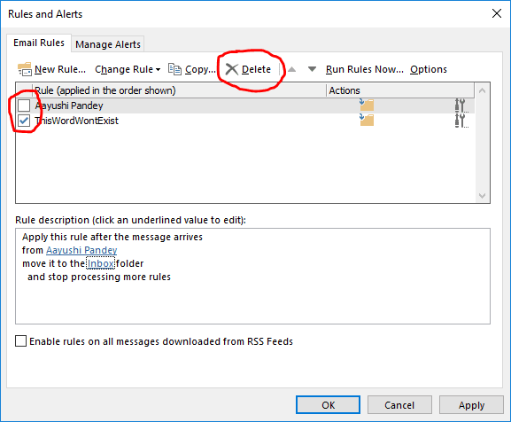 Select the rules you want to delete and click Delete