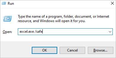 Use this excel.exe /safe on Run Command 