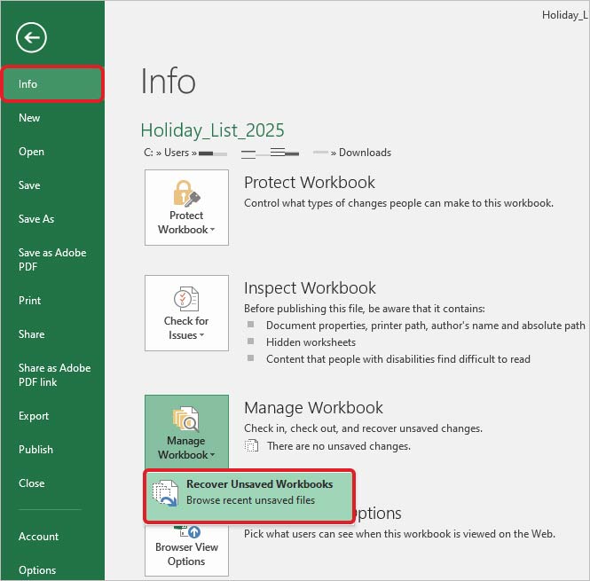 Select the Recover Unsaved Workbooks option