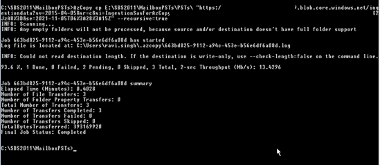 –recursive switch ensures all PSTs from folder and subfolders are uploaded to Azure Storage command 