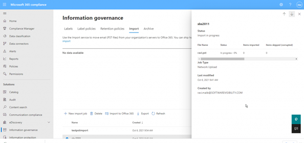 check the import progress by clicking on the import job