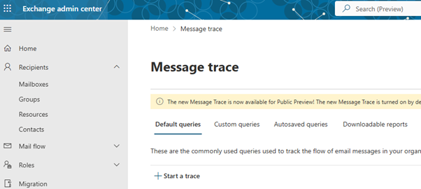 Message Trace from the Exchange Admin Center of Office 365