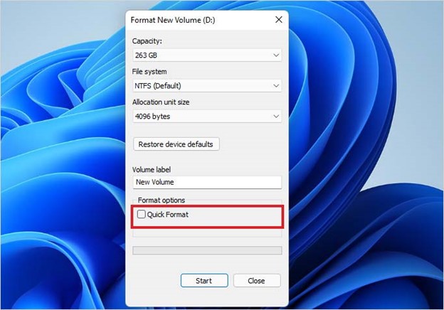 Click Start to wipe the selected drive completely