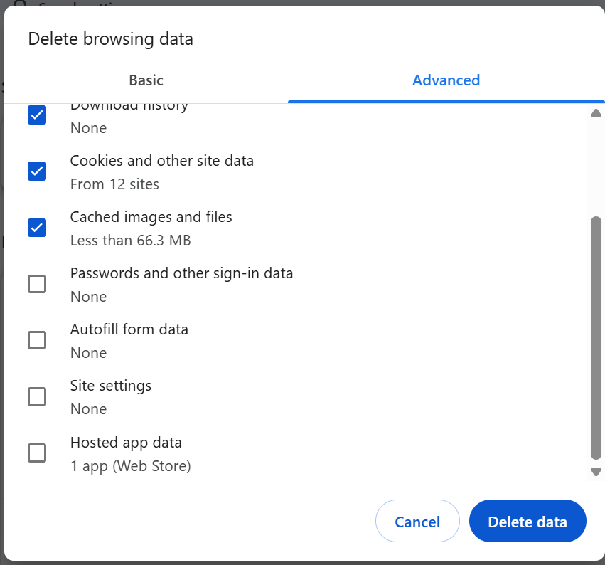Click Delete Data 