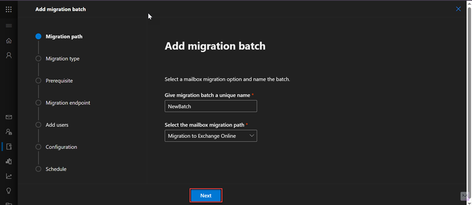Select the mailbox migration path - Migration to Exchange Online