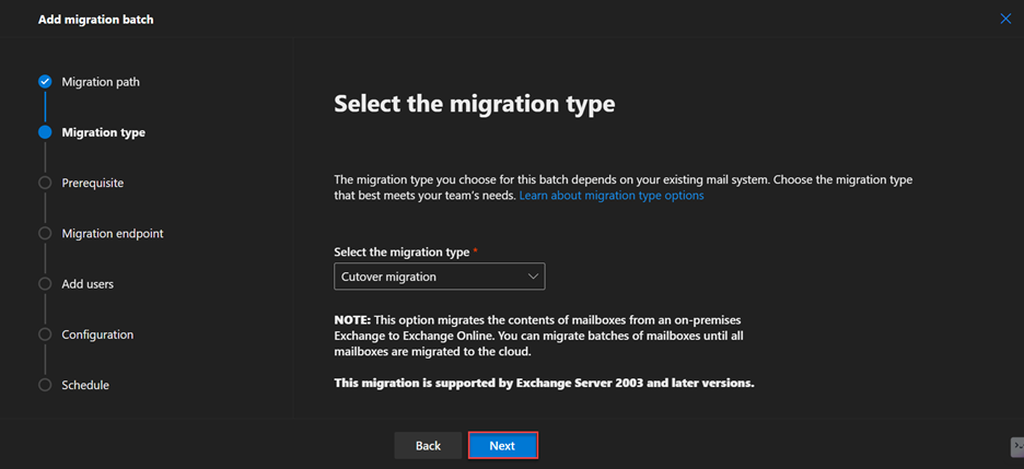 Select a migration type from the dropdown menu