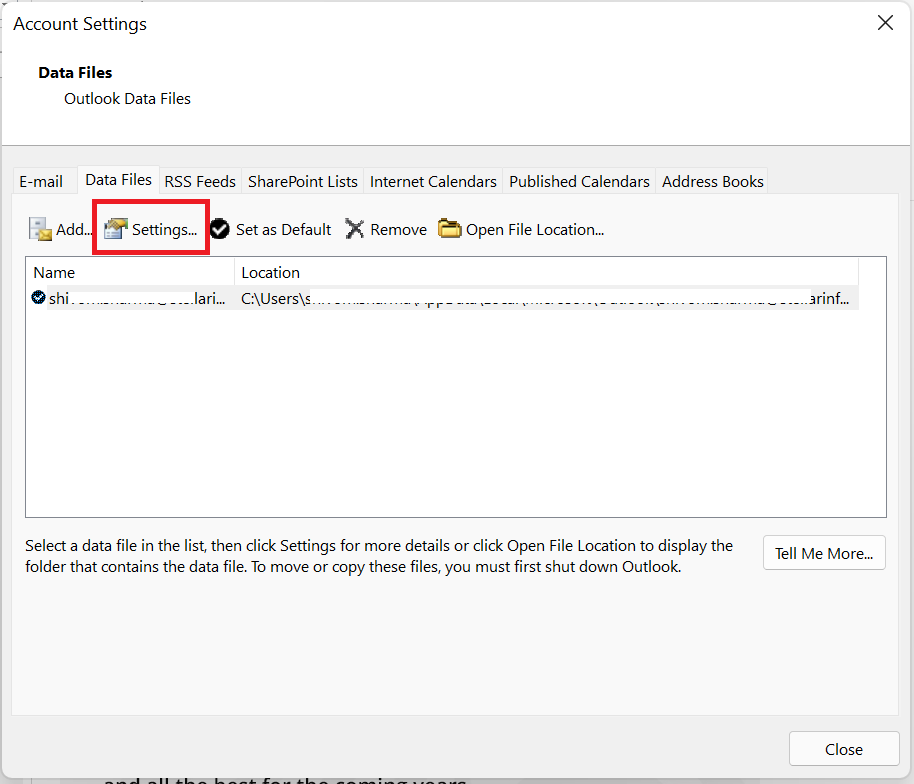 select the file (email account) and click Settings