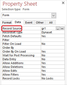 click the three dots next to the Record Source property