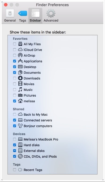 Sidebar in finder Preferences on Mac