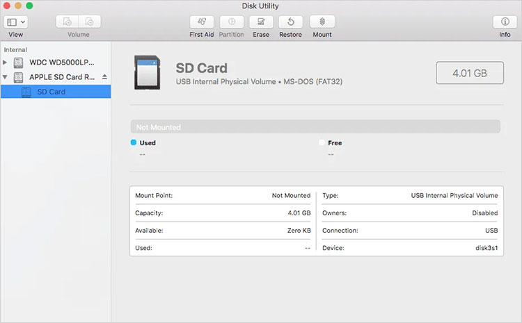 Select unmounte sd Card and Press mount