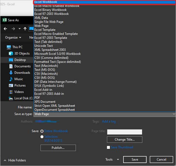  Select the Excel workbook file format from the list