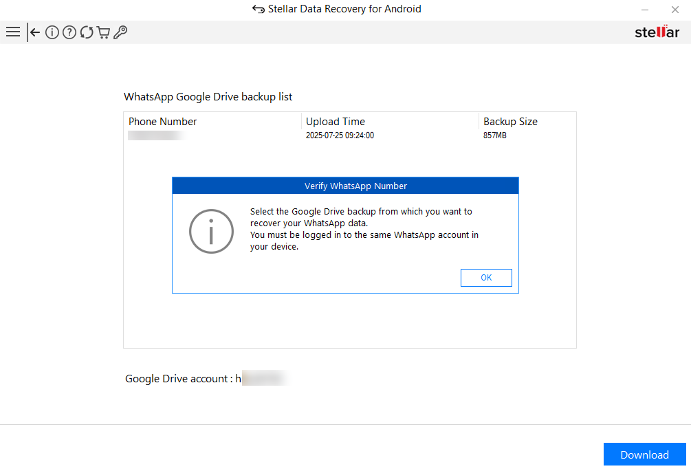 verify whatsapp backup account on stellar android data recovery 