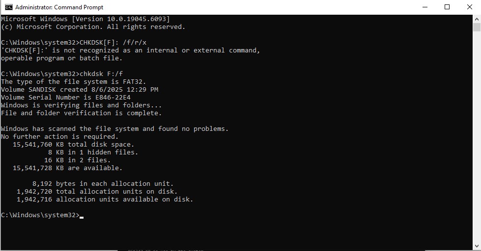 Run the command: CHKDSK E/F