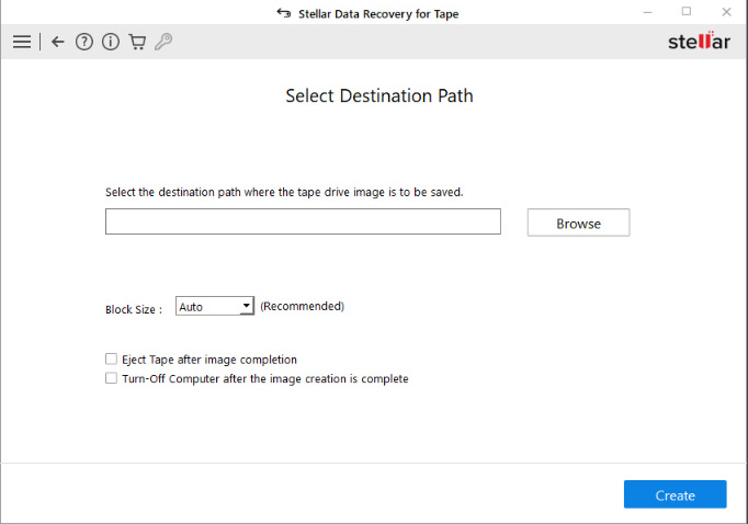 Click on Create to begin creating the tape drive dump Image