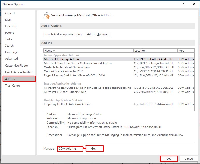 select ‘COM Add-ins,’ from the drop-down