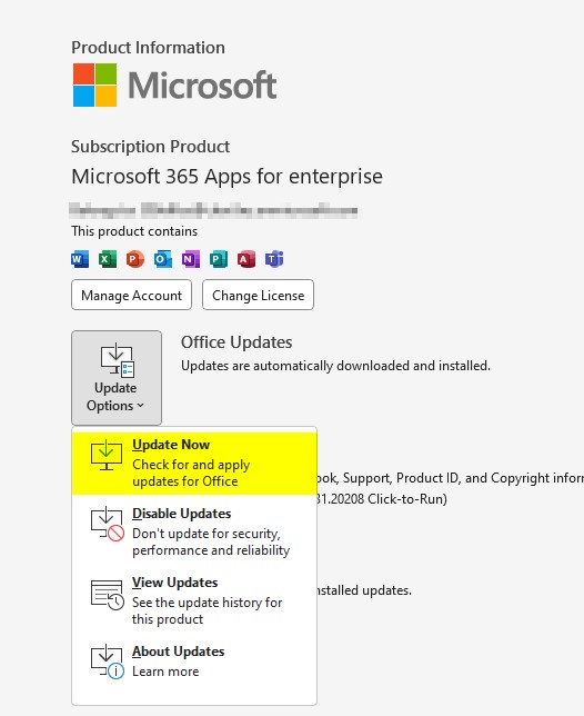 Click on ‘Update Options’ and then click on ‘Update Now’